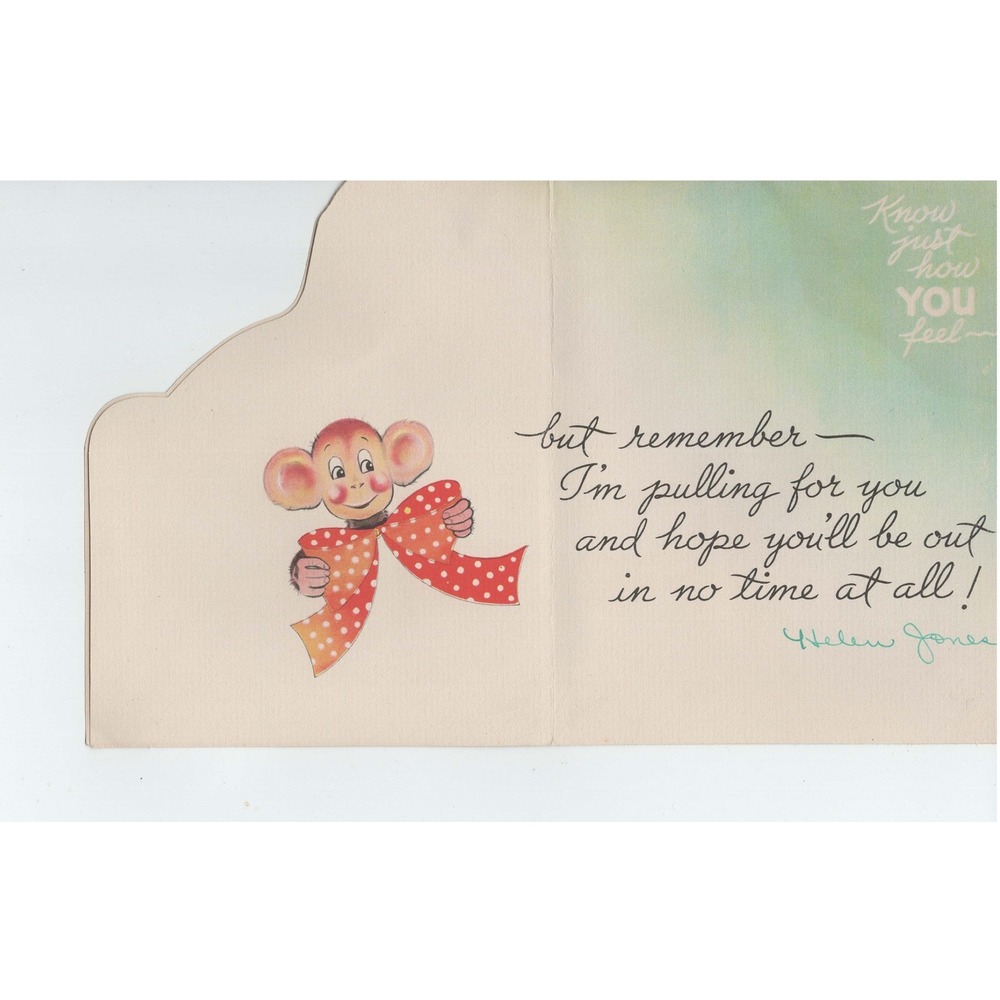 Vintage 1950s Get Well Card Monkey Die Cut Mid Century Used Signed - Picture 2 of 2